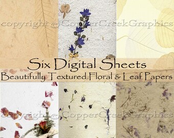 Puede incluir: Seis hojas de papel digital con una variedad de patrones florales y de hojas. Los papeles tienen un aspecto texturizado, hecho a mano y presentan flores y hojas prensadas.