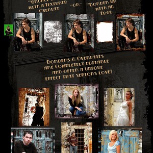 Puede incluir: Una colecci&oacute;n de superposiciones de puertas digitales para retratos de graduaci&oacute;n. Las superposiciones son texturizadas y tienen un efecto grunge. El texto en la imagen dice "Grunge it up" con una superposici&oacute;n texturizada -o- "Border up" con un borde. Los bordes y las superposiciones son completamente editables y ofrecen un efecto &uacute;nico que a los estudiantes de &uacute;ltimo a&ntilde;o les encanta!