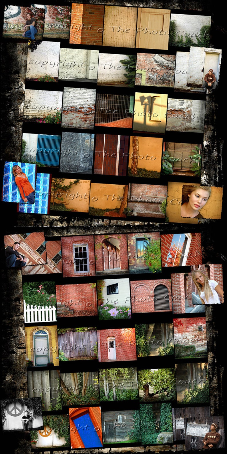 May include: A collage of images featuring various doors, windows, and brick walls. The images are arranged in a grid pattern and are surrounded by a black border. The text "copyright to The Photo Coach" appears multiple times throughout the image.
