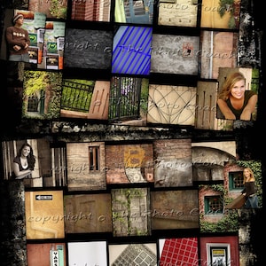 May include: A collage of images featuring various textures and patterns, including brick walls, metal gates, and tiled surfaces. The collage is framed by a dark, distressed border.