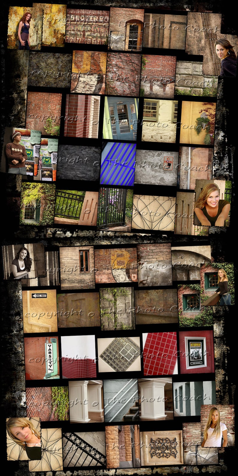 May include: A collage of images featuring various textures and patterns, including brick walls, metal gates, and tiled surfaces. The collage is framed by a dark, distressed border.
