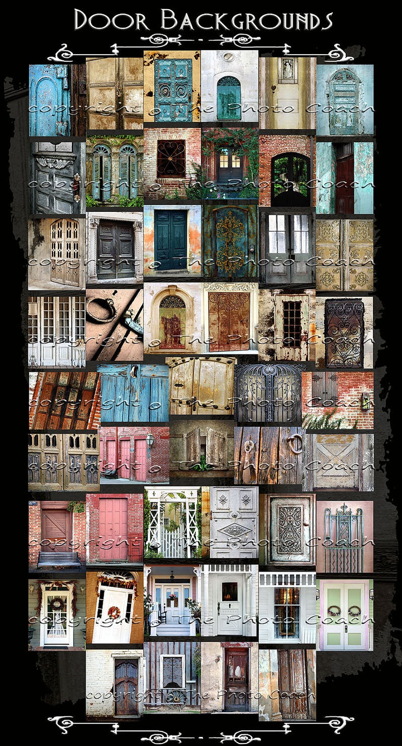 Puede incluir: Un collage de 36 im&aacute;genes de diferentes puertas. Las puertas son de diferentes estilos y colores, y algunas tienen elementos decorativos como coronas o trabajos en hierro. Las puertas est&aacute;n dispuestas sobre una variedad de fondos, incluyendo paredes de ladrillo, vallas de madera y paredes de piedra.