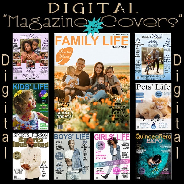 Digital Magazine Covers | Create Custom Personalized Magazine Covers | 30 Covers - Time, Pets, Family & More | Just add your photo and text