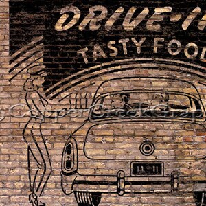 May include: A vintage brick wall with a black and white sign that reads "Drive-In Tasty Food". A black and white illustration of a car with two people inside is painted on the wall.
