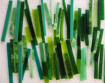 Green Mixed Short Glass Strips:  Stained Glass, Mosaic Supply, One Pound, (B32-mg1)