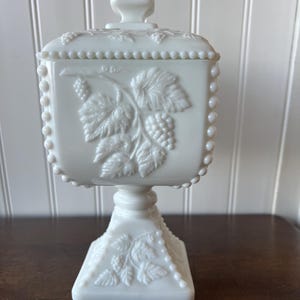 Westmoreland Milk Glass Beaded Grape Pedastal Covered Dish