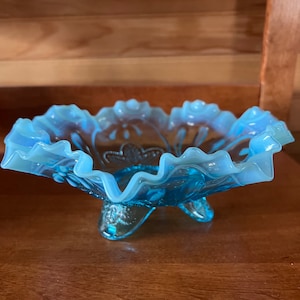 Vintage Jefferson Ruffled Blue Opalescent Glass Footed Bowl - Meander Pattern