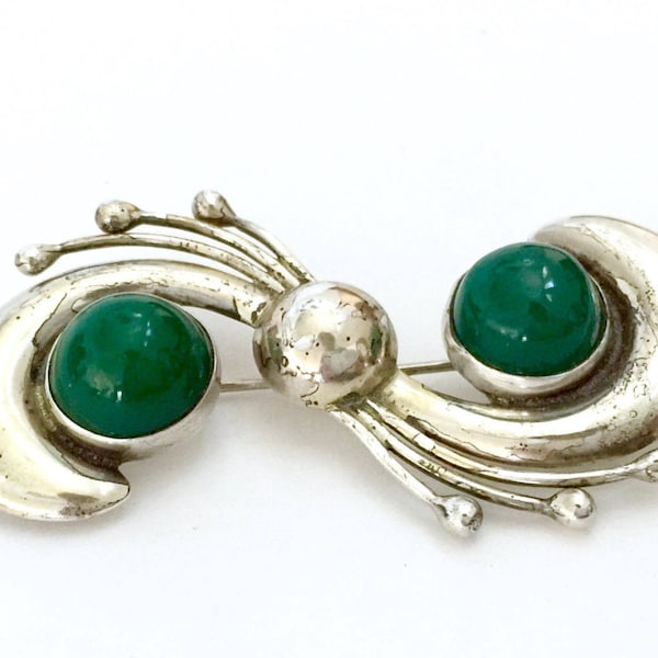 Mexican Silver Modernist Sterling Silver Brooch, Green Cabochons, Repouse Silver, Statement Brooch, Vintage Jewelry, Hallmark Pre 1948