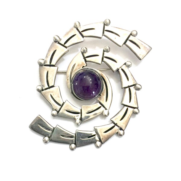 Taxco Maricela Modernist Sterling Silver & Amethyst Brooch, Swirling Design, Amethyst Center Cabochon, Vintage Statement Brooch, Hallmarked