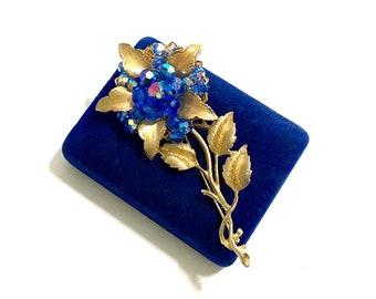 Huge Blue Flower Brooch, Textured Gold Tone, Vitrail Blue Crystals, 3 Dimensional, Statement Brooch, Special Occasion, Vintage Gift for Her