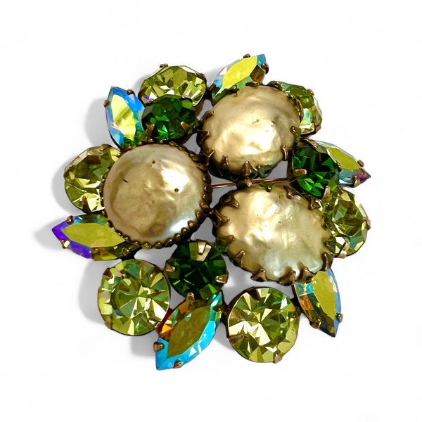 Signed Regency Shades of Green Brooch Faux  Baroque Pearls Gold Tone Metal 1950s Gift for Her