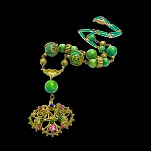 Beautiful Czech Glass Pendant Necklace Various Size & Shapes of Green Glass Beads Intricately Detailed Brass Bead Caps Filigree Pendant Gift