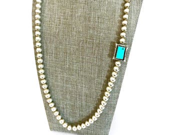 RESERVED Navajo Sterling Silver & Turquoise Beaded Necklace, Hand Crafted, 28.5" Long, Shadow Box Turquoise Accent, Layering Piece