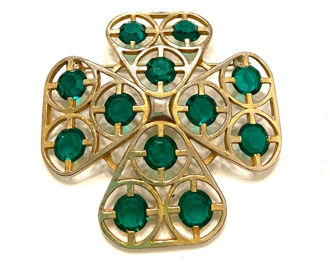 Green /& GoldMaltese Cross Brooch Modernist Style Gold Tone Metal Green Faceted Acrylic Stones Open Metal Work Geometric Design Gift for Her