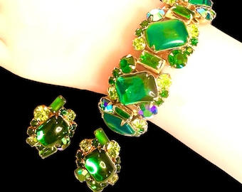 Shades of Green and Gold Demi Bracelet and Earring Set Alternating Matte & Translucent Glass Cabs Gift for Her