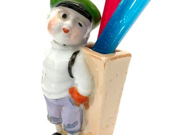 Rare Porcelain Figural Toothbrush Holder, News Boy Figure, Holds 1-2 Toothbrushes, Stands Counter, Hand Painted, Vintage Gift for Home