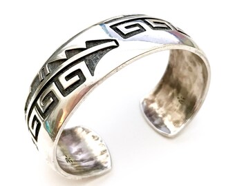 Bernard Dawahoya Hopi Sterling Overlay Cuff, Master Silversmith, Bold Crisp Design, Vintage, Heavy Silver, Tooled Matte Texture Symbols