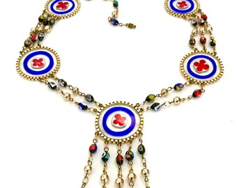 Rare Millefiori Necklace, Flat Clear Glass Disc Red & Blue Quatrefoil Leaflets Design, Multi-Color Millefiori Beads, Vintage Gift for Her