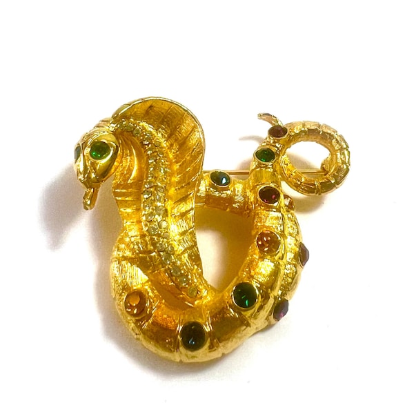 Rare Alexis Kirk King Cobra Brooch Multi-Color Rhinestones Clear Crystal Accents Texture & Dimension Rich Gold Tone Gift for Her