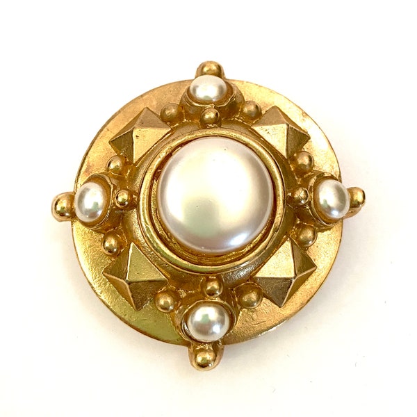 Jacky De G Paris Large Faux Pearl Brooch Matte Gold Tone Metal Dimensional Design Made in Paris France Renown Paris Designer Gift for Her