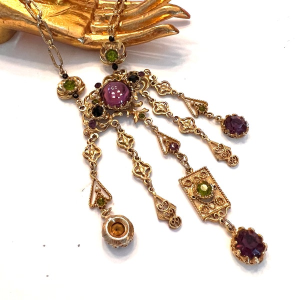 Lupe Statement Dangle Necklace Glass Amethyst & Peridot Stones Intricate Gold Tone Details Gift for Her