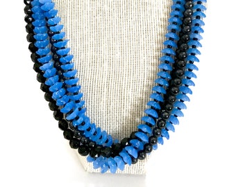 Czech Art Deco Gablonz Blue & Black Glass Bead Necklace, 1920s 1930s, Cascading Strands, "Blue Bell" Beads, French Jet Glass , Gift for Her