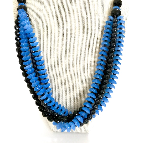 Czech Art Deco Gablonz Blue & Black Glass Bead Necklace, 1920s 1930s, Cascading Strands, "Blue Bell" Beads, French Jet Glass , Gift for Her