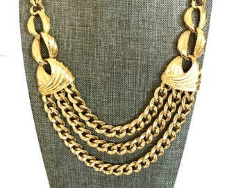 Napier Gold Tone Statement Necklace, Chunky Gold Tone Curb Chain, Textured Stations &  3 Strand Wide Drape,, Signed, Vintage Gift for Her