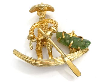 BSK Asian Fisherman Brooch, Gold Tone Metal, Genuine Jade Stone, Dimensional Fisherman, Boat Paddle & Catch of the Day, Vintage Gift for Her