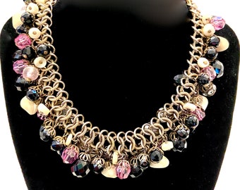 Vintage Dangle Choker Necklace Cha Cha Style Assorted Bead Dangles Gold Tone Purple Cream Clear Crystal Black Lucite Beads Gift for Her