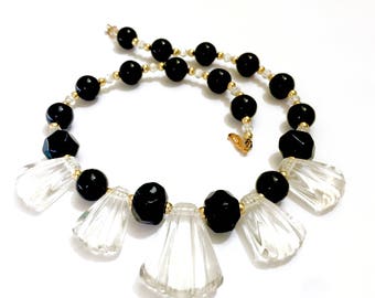 Modernist Black and Clear Lucite Necklace, Clear Molded Dangles, Large Black Faceted & Round Beads, Gold Spacers, Vintage Statement Collar