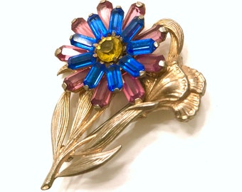 Arts & Craft Fuchsia Blue Floral Rhinestone Brooch Large Flower Gold Tone 1940s Dimensional Citrine Glass Center Stone Gift for Her