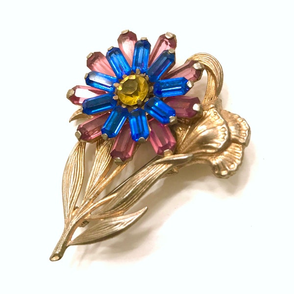 Arts & Craft Fuchsia Blue Floral Rhinestone Brooch Large Flower Gold Tone 1940s Dimensional Citrine Glass Center Stone Gift for Her