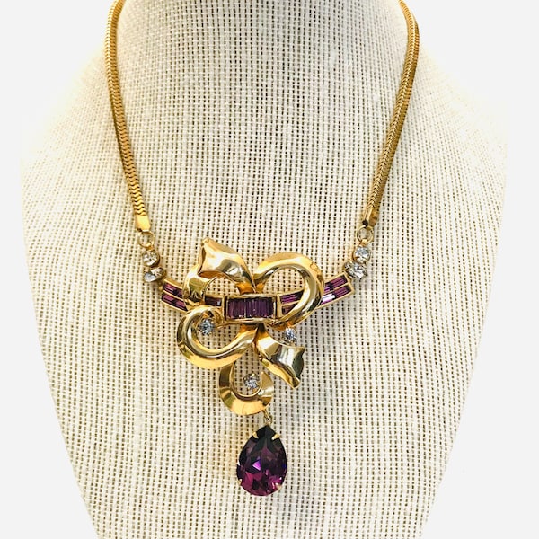 Art Deco Style Amethyst & Clear Crystal Rhinestone Pendant Necklace Amethyst Baguettes Large Tear Drop Dangle Gold Tone Gift for Her