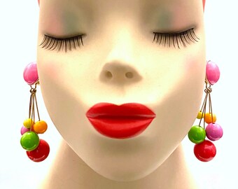 Atomic Retro Dangle Ball Earrings 1950s Fun Funky Clip-on Earrings Bright Colored Lucite Balls Assort Sizes Dimensional Gift for Her