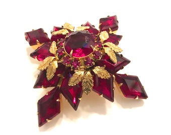 Huge Juliana D&E Red Gold Tone Snowflake/Flower Brooch Red Diamond Round Stones Pink Rounds GT Leaves 3 Dimensional Gift for Her