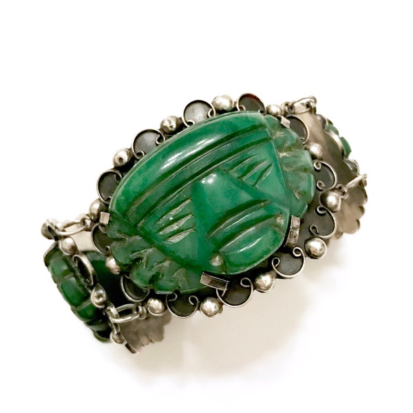 Wide Mexican Silver Mask Bracelet Carved Mayan Masks Green Stone Hand Tooled 1940s Niello Finish Silver Bead Ball Wire Scrolls Gift for Her