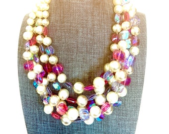 Mehrreihige Perlenkette Faux Perlen AB Blau Pink Lila Quadrat Kristalle Fünf Stränge Großes kräftiges Design in frischen Farben Geschenk für Sie