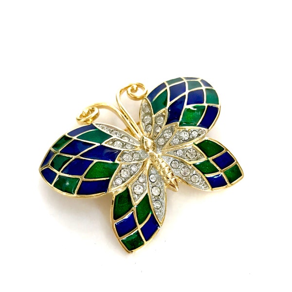 Enamel and Clear Rhinestone Butterfly Brooch, Sapphire Blue and Emerald Green Enamel, Pave Ice Crystals, Heavy Gold Tone Metal, Gift for Her