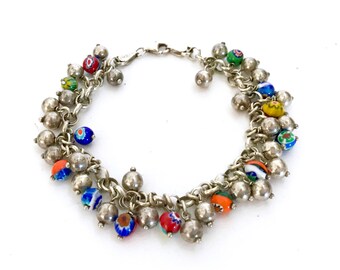 Dobbs Sterling Silver & Millefiori Bead Bracelet, Marked Italy, Sterling Silver and Glass Dangles, Sterling Rolo Chain, Vintage Gift for Her