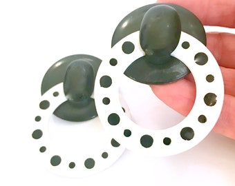 Mod Black & White Dangle Hoop Earrings Hard Resin Black Mount White w Black Polka Dots Hoops Retro '60s Clip-On Statement Earrings