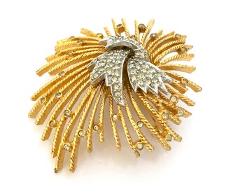 Hattie Carnegie Fireworks Brooch, Starburst Explosion, Textured Gold Tone & Silver Tone Metal Pave Ice Crystal, Signed, Vintage Gift for Her