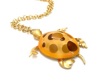 Alice Caviness Enamel Turtle Necklace, Large Yellow Brown Coral Enamel Turtle, Long 21" Gold Tone Chain, Signed, Vintage Gift for Her