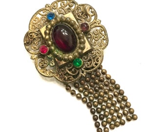 Victorian Revival Dangle Brooch Jeweled Medallion Bead Ball Dangles Large Deep Red Center Stone Multi-Color Paste Accents Gift for Her