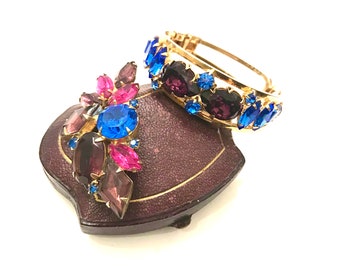 Juliana D&E Amethyst  Blue Rhinestone Demi Clamper Bracelet N Brooch Set Brilliant Colors Vintage Wedding Jewelry  Gift for Her