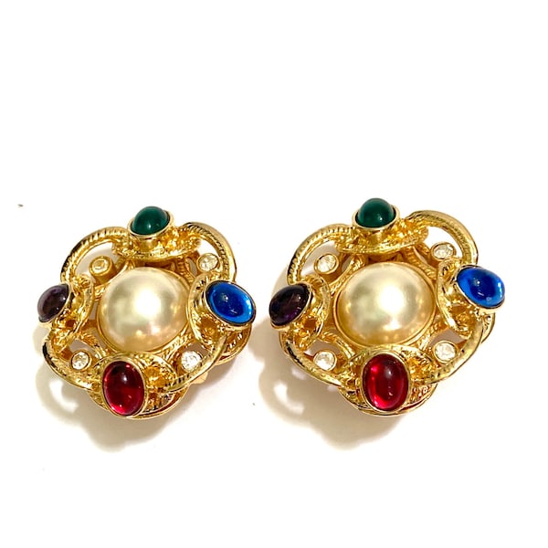 Paolo Bejeweled Clip-on Earrings Mogul Color Story Jewel Tone Rhinestones Faux Pearls Clear Chaton Accents Dimensional Gift for Her