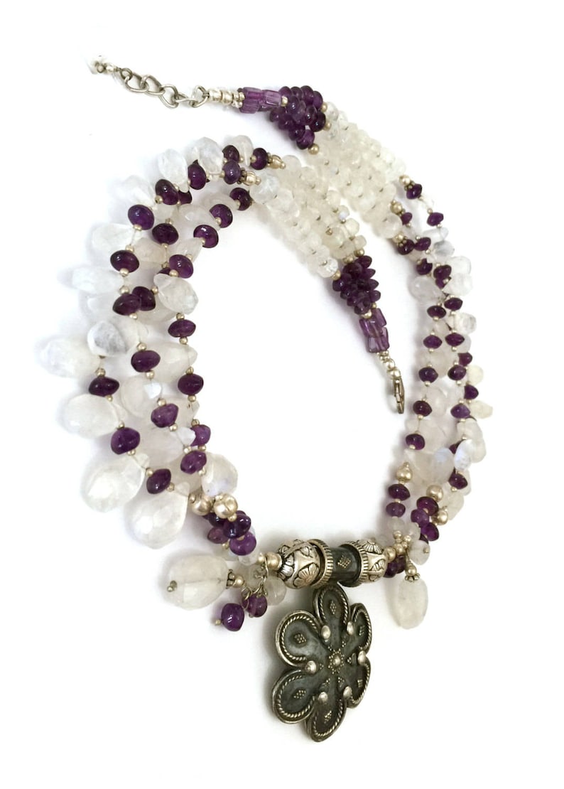 925 Sterling Silver Vintage Boho Tribal Ethnic Style Boho Three Strand Necklace of Faceted Amethyst Artisan Hand Crafted Moonstone