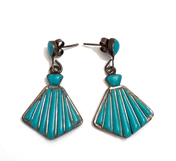Sterling Silver and Turquoise Earrings Fan Shaped… - image 8