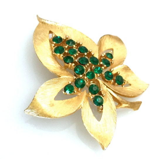 JJ Leaf Gold and Green Leaf Brooch Emerald Green … - image 1
