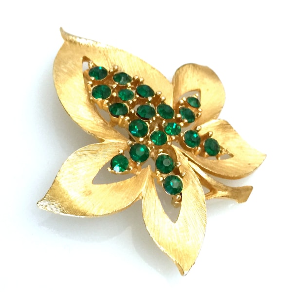 JJ Leaf Gold and Green Leaf Brooch Emerald Green Chaton Rhinestones Brushed Gold Tone Floral Figural Dimensional Gift for Her